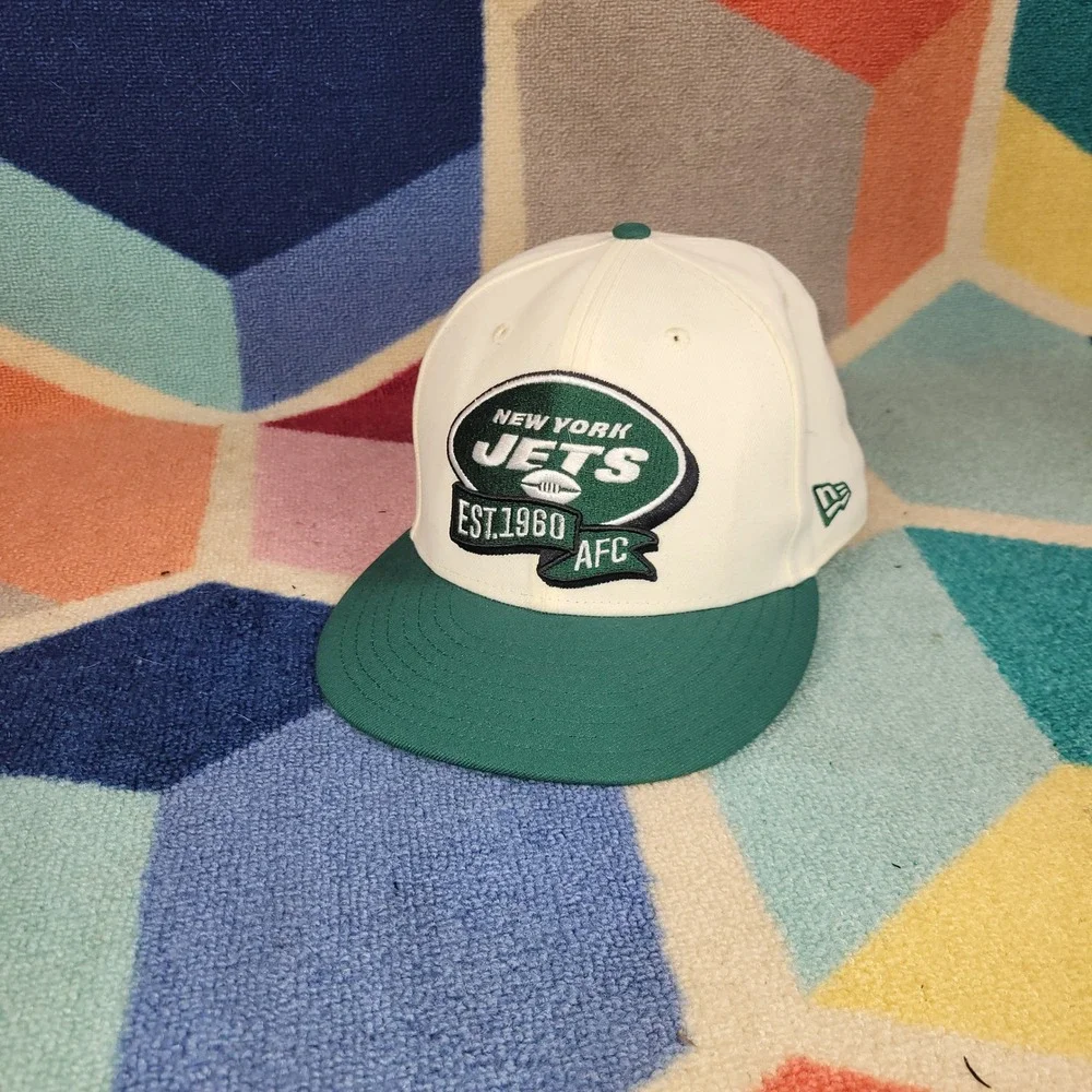 New York Jets New Era 59FIFTY Fitted Hat‎ Cream Green Size 7 5/8 EST 1960 AFC